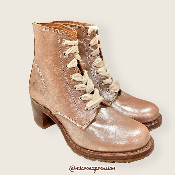 Frye Sabrina 6G GLAM Metallic Glittery Tan Combat Block Heel Lace Up Ankle Boot - Picture 11 of 16